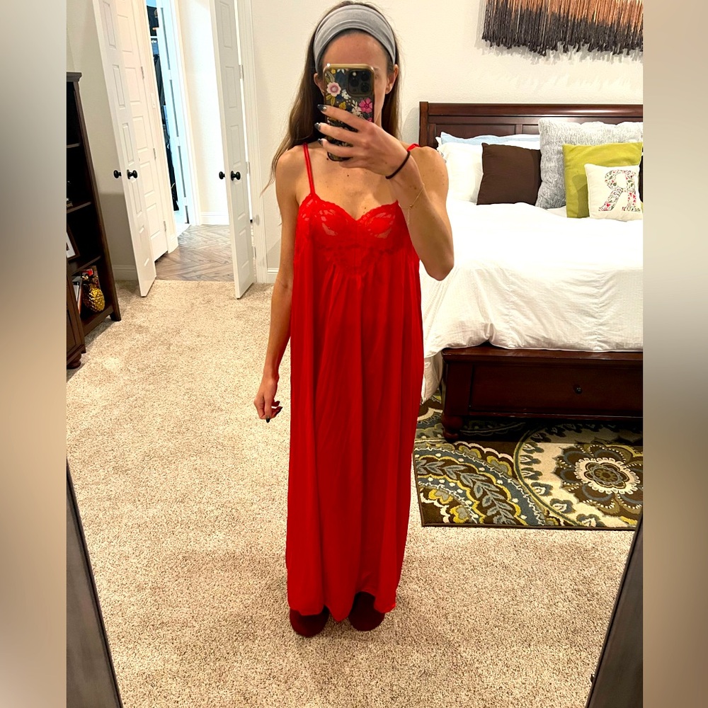Vintage red satin and lace full length night gown